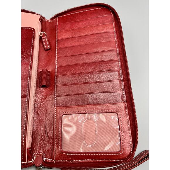 Fossil Red Leather Zip Around Travel Passport Organizer Wristlet Wallet Purse - Picture 8 of 16